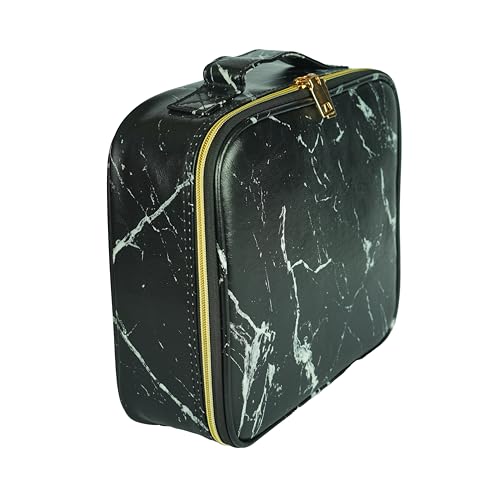 Image of Travel-Friendly Cosmetic Makeup Organizer Bag with Adjustable Compartments - Professional Toiletry Vanity Kit | Makeup Kit Storage Box | Cosmetic Bag | Makeup Brush Organizer (Black Marble)