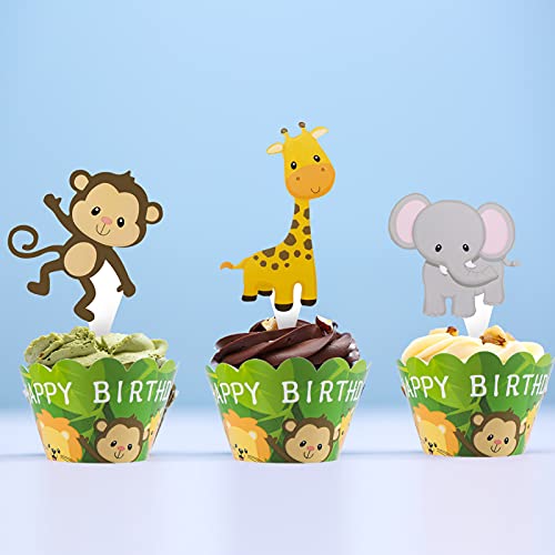 Konsait Animal Cupcake Wrappers, 6 Designs Jungle Safari Wild Animal Cake Toppers And Wrappers, Farm Animal Cake Decorations For Birthday Baby Shower Zoo Party Back To School Party Favors Supplies #TOP6