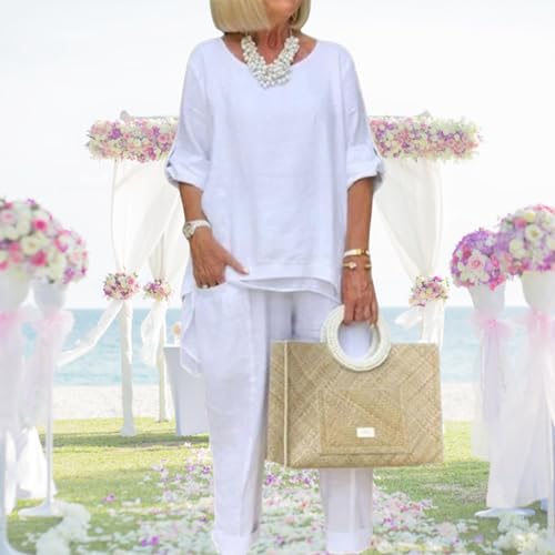 Women Linen Two Piece Pants Suit Dressy Long Sleeve Plus Size Linen Irregular Two Piece Set3