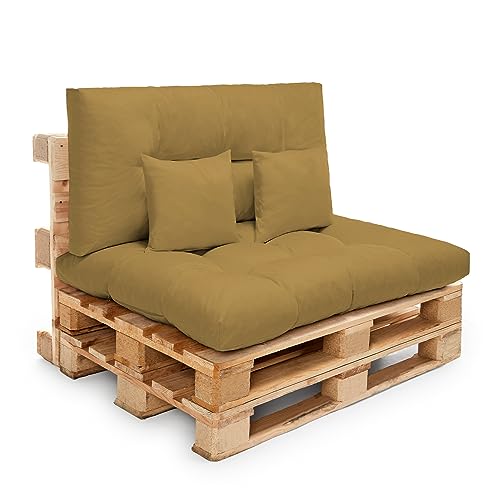 Diverpuff Set Cojines para Palets Impermeables Color Camel Asiento 120x80 Respaldo 120x60 y Cojines Decorativos 40x40 para Jardín Terraza Balcón Porche Exterior Waterproof con Tratamiento UV