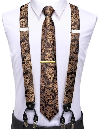 Image of Hi-Tie Men's Suspenders and Tie Set Silk Adjustable Elastic Y Braces with Strong 6 Clips Pocket Square Set