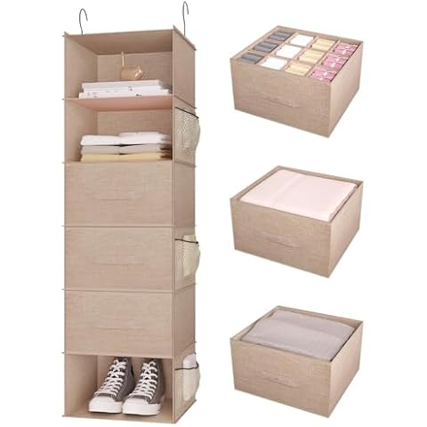 DonYeco Hanging Closet Organizer with Drawers 6-Shelf Closet Storage Foldable Portable Closet Hanging Shelves for Clothes Shoes, 47"x13.75"x12.25", Beige Cover