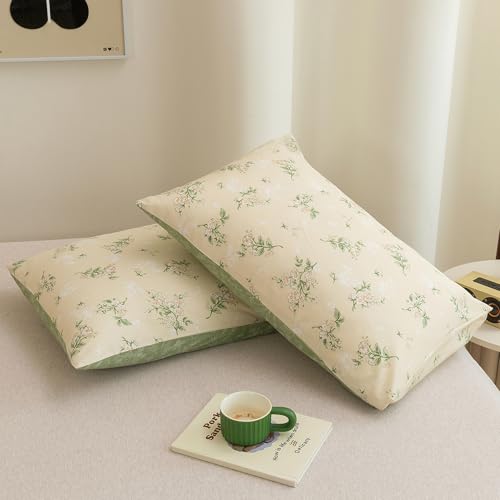 Image of ECOCOTT 2 Pack Pillowcase Standard Size, Green Floral Pillow Cases Set - 100% Cotton Pillow Covers with Envelope Closure (Standard, 20 inchx26 inch)