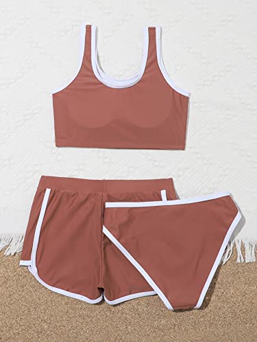 Romwe Girl's Contrast Binding Sport Tank Bathing Suit 3 Piece Bikini Set Swimsuit With Shorts Brown Solid 160 #TOP1