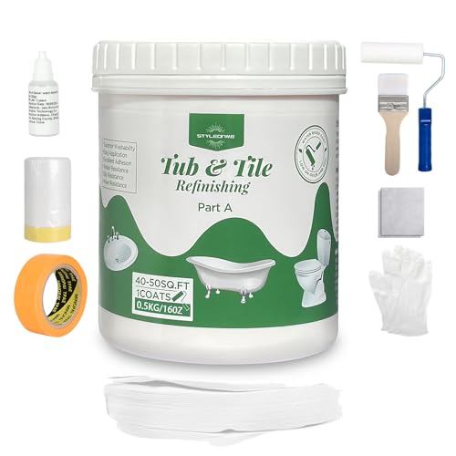 styleonme Waterbased Tile Paint White, 25-30sq.ft, Bathtub Washbasin Toilet Ceramic Tile and Kitchen Countertop Refinishing, Odorless and Non-Toxic Heavy Glaze Epoxy Resin Coating (With tools)