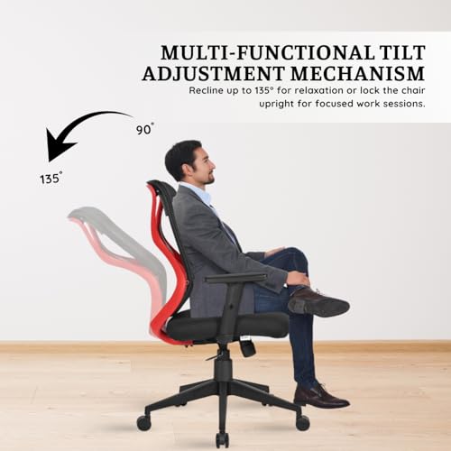 Image of activa Hector Ergonomic Office Chair | Mesh Computer Chair with 2D Armrest | Adjustable Headrest & Lumbar Support | Executive Revolving Desk Chair for Workspace /Computer Desk (Red Black,Mid Back)