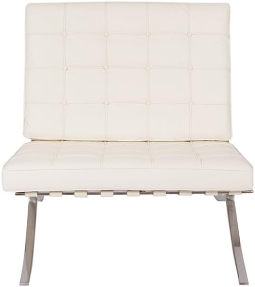 LeisureMod Bellefonte Modern Lounge Chair & Ottoman Set, Ivory Leather/Wool Cushions, Stainless Steel Frame, Living Room, Office Seating