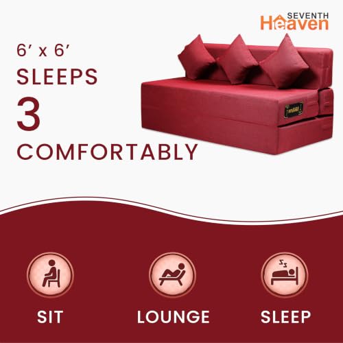 Image of Seventh Heaven 4 Seater 6 * 6 Jute Fabric Washable Cover Sofa Cum Bed 4 Seater Double Foam Fold Out Sofa Cum Bed (Finish Color - Maroon Delivery Condition - Pre-Assembled)