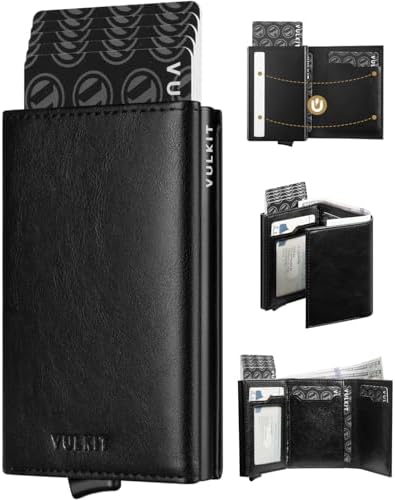 VULKIT Credit Card Holder with Banknote Compartment RFID Blocking Pop up Leather Card Wallet with ID Window, Black