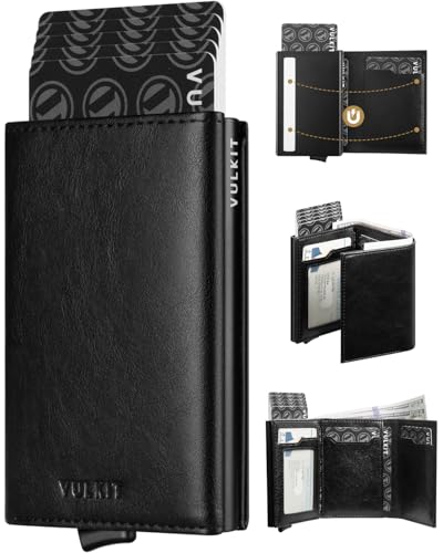 VULKIT Pop up Card Wallet Minimalist Cash Wallets RFID Blocking Leather Smart Credit Card Holder with ID window for Men(Black)