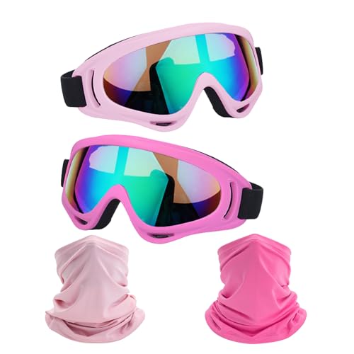 Image of LJDJ Motorcycle Goggles,2 Pack Dirt Bike ATV Motocross Riding Hiking Protective with 2 Pack Neck Breathable Bandana Mask (Light Pink + Rose Pink /Colorful)