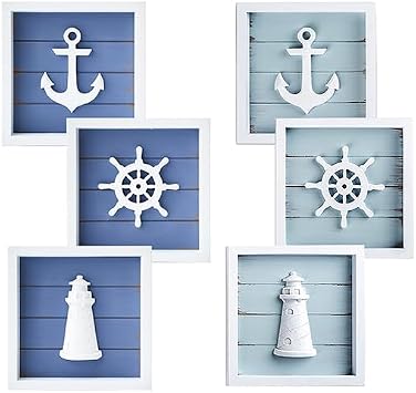 TideAndTales Nautical Wall Decor 7"x7" with 3D Anchor, Lighthouse and Ship Wheel sets in two colors - Rustic Beach Bathroom Ocean Home Decorations - Coastal Theme Nautical Gifts - Framed Set of 6