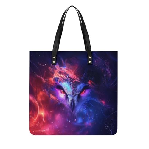 Fashion Leather Purse for Women, Large Capacity Purple Blue Galaxy Owl Art Tote Bag, Lightweight Sho