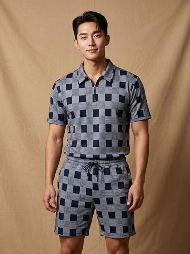 Image of Men's Printed Zip Polo Neck T-Shirt with Half Short Pant Co-ord Set Fabric, Stylish Printed Design, Comfortable Regular Fit
