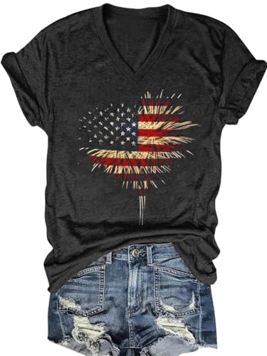 American Flag Shirts for Women V-Neck Firework Heart Print T-Shirt Summer 4th of July Patriotic Tops (Dark Gray10, Large)