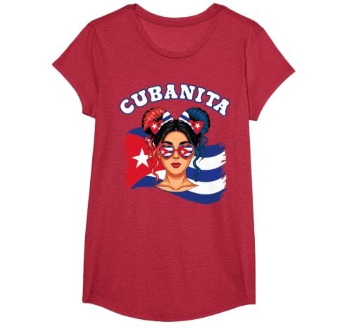Cubanita Hispanic Heritage Messy Bun Cuban Cuba Flag Girls T-Shirt, Girls, Red Heather, Large