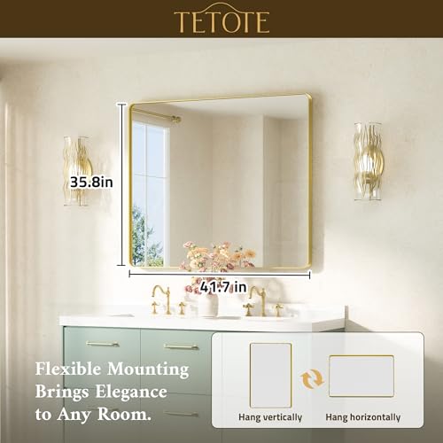 Image of TETOTE 42 x 36 Gold Vanity Mirror Brushed Gold Metal Framed Vanity Mirror, Tempered Glass, Modern Farmhouse Wall Mounted Mirrors for Decorative(Horizontal /Vertical)
