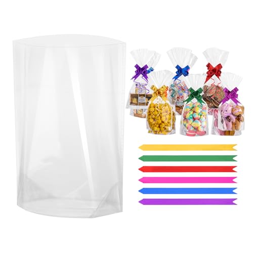 woric 60 Stück Cellophantüten 15 5x25cm Bodenbeutel Transparent Süßigkeiten Tüten mit Geschenkschleifen & Bindestreifen Tüten zum Befüllen Kekse Geschenke Hochzeit Candy bar