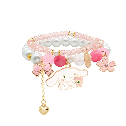 Kawaii Crystal Bracelet Cute Cartoon Elastic Beaded Pearl Bracelet Matching Bracelet Set Blue Pink White Crystal Beaded Bracelets Butterfly Heart Flower Bracelets BFF Friendship Bracelets Birthday Christmas Jewelry for Women (Pink)