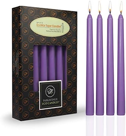 CocoSoy Candles, Botanical Taper Candles-10 inch Stem Tapered, 7.5 Hour Long Burning Dripless, Smokeless, Natural Coconut Soy Wax Dinner Candles for Wedding, Home Decorations (Purple, 12-Pack)