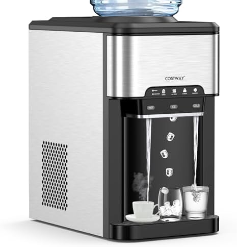 COSTWAY Countertop Water Dispenser with Ice Maker, 3-in-1 Portable Hot Cold Dispenser with 48LBS/24H Ice Machine, Child Safety Lock for 3-5 Gallon Bottle