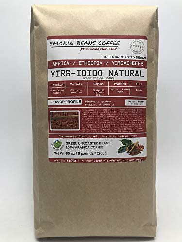 5 Pounds – African - Ethiopia Yirg-Idido Natural - Unroasted Arabica Green Coffee Beans – Ethiopian Heirloom – Drying Process Natural On Raised Beds – Mill Idido – Family Farms - Includes Burlap Bag #TOP1