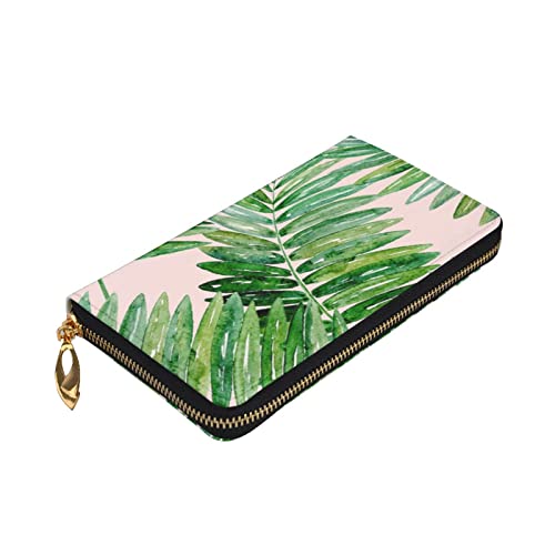 Portefeuille en cuir zippé pour femme avec motif feuilles de palmier noir