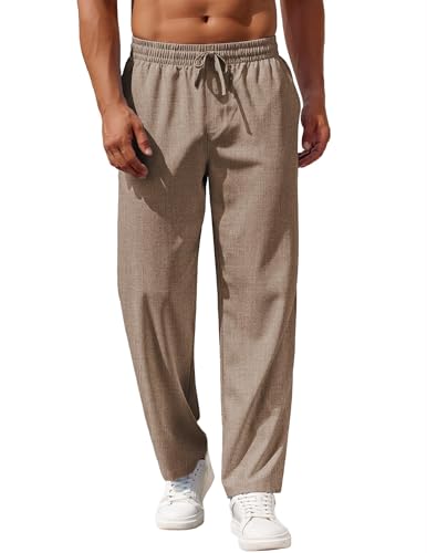 COOFANDY Men Casual Linen Pants Summer Relaxed Trousers Straight-Legs Beach Yoga Slacks Brown