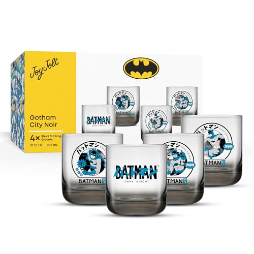 JoyJolt DC Comics Batman Gotham City Noir Short Drinking Glasses Set of 4, 10oz Glass Tumbler Cup Set, Superhero Drinking Cups, Collectible Novelty Glassware, Fathers Day Batman Gifts