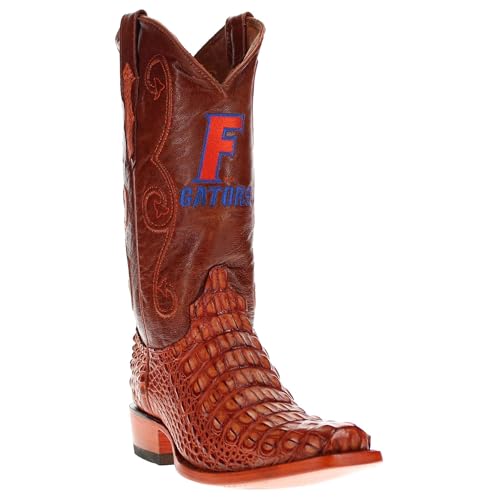 Vaccari Men's David Hand-Corded Top University of Florida Gators Embroidery Genuine Cognac Hornback Alligator Narrow Square Toe Cowboy Boots - 8 EE