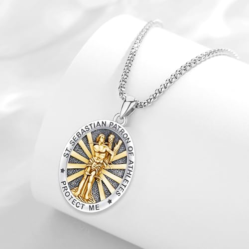 Patron St Sebastian Medal Necklace Confirmation Gifts for Mem Women 925 Sterling Silver 18k Gold Plated Religious Saint Sebastian Catholic Amulet Pendant Jewelry3