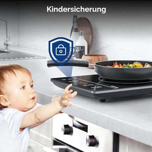 IsEasy Induktionskochfeld 1 Platte, Einzel Induktionskochplatte 2100W, 9 Leistungsstufen, 9 Temperatureinstellungen, 28cm Induktionskochfeld mit 8-Stunden-Timer, Kindersicherung, Schwarz, 220-240V