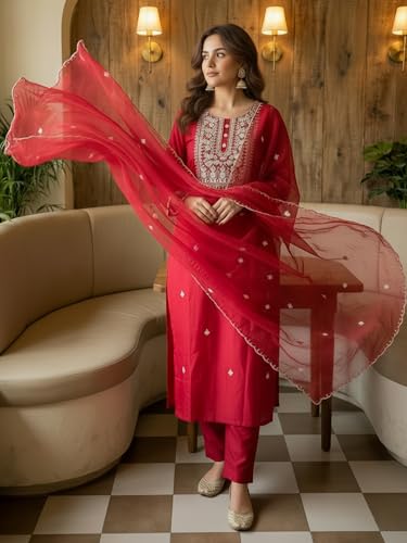 Image of INDO ERA Women's Silk Blend Embroidered Straight Kurta Pant with Dupatta Set
