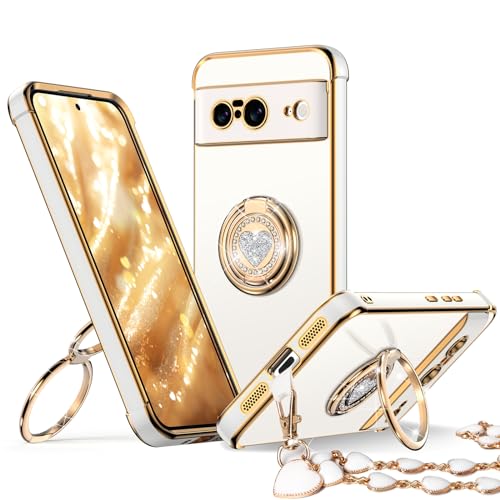 XYZ for Pixel 8 Case with Stand, for Google Pixel 8 Case with Double Ring, Women Girls Bling Luxury Protective Phone Case Heart for Google Pixel 8 Case, White