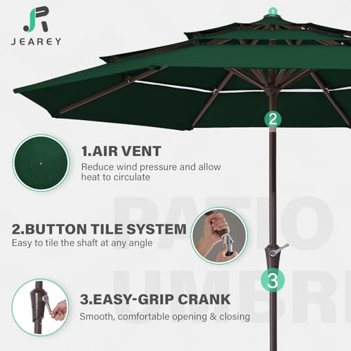 Image of JEAREY 9FT 3 Tier Patio Umbrella Outdoor Market Umbrella Table Umbrellas with 8 Ribs 1.5 Pole Push Button Tilt and Crank UV Protection for Garden,Dark Green