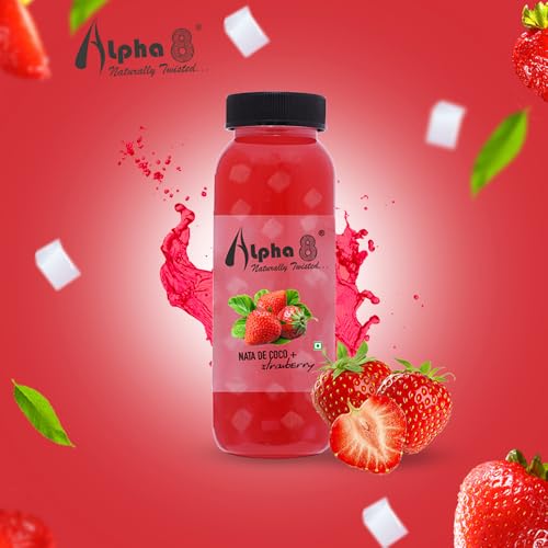 Image of ALPHA 8 FRUIT Juice with NATA De Coco Coconut Cubes Natural Energizer & Immunity Booster, Healthy Juice, High Fiber, Real Natural Taste (Strawberry Juice, Pack of 24)