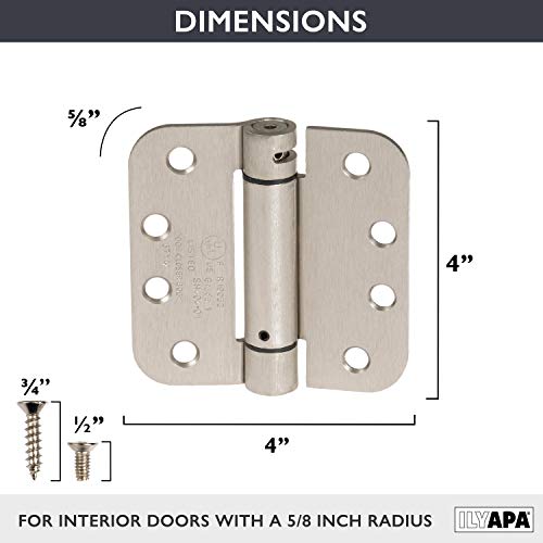 Ilyapa Self Closing Door Hinges, 2 Pack, Satin Nickel Mortise Spring Hinge - 4 X 4 Inch Interior Spring Hinges For Doors With 5/8" Radius Corners #TOP1