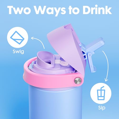 Image of Meoky 2 Pack 18 oz Insulated Kids Water Bottle for Travel | 2-in-1 Straw and Spout Lid, Leak Proof, Stainless Steel, Cold for 24 Hours, Fits in Car Cup Holder, Hydrangea & Fruit Punch