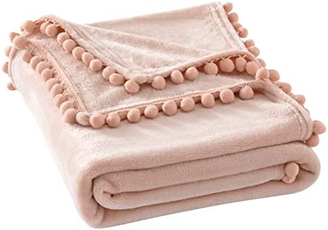 MIULEE Flannel Blanket Super Soft Cozy Warm Microfiber Luxury Fluffy Throw with Cute Pompoms Comfy Large Nursery Children Decorative Room for Sofa Bed Couch Travel/Single 125x150 cm Beige