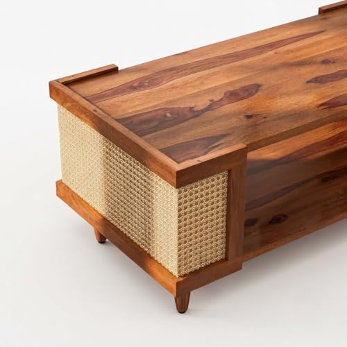 Image of Wooden Centre Table for Living Room | Modern Coffee Table with Cane Rattan Side Panels & Open Storage Shelf | Rectangle Center Table for Home, Drawing Room & Office | Solid Wood Tea Table