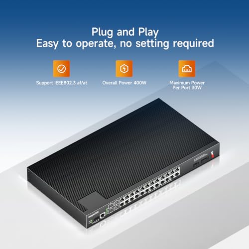 Image of 24 Port Industrial Gigabit PoE Switch Unmanaged, 24 x PoE+ @400w Ports & 4 x SFP Slots, Desktop or Rackmount, Working Range -40~185 ℉, IP40