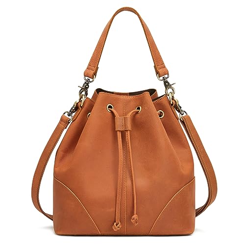 Image of S-ZONE Genuine Leather Purses for Women Crossbody Drawstring with 2 Straps | Top Grain Leather, Bucket Bags Crossbody Shoulder Top Handle, Multi Pockets, Vintage Casual, Travel Everyday