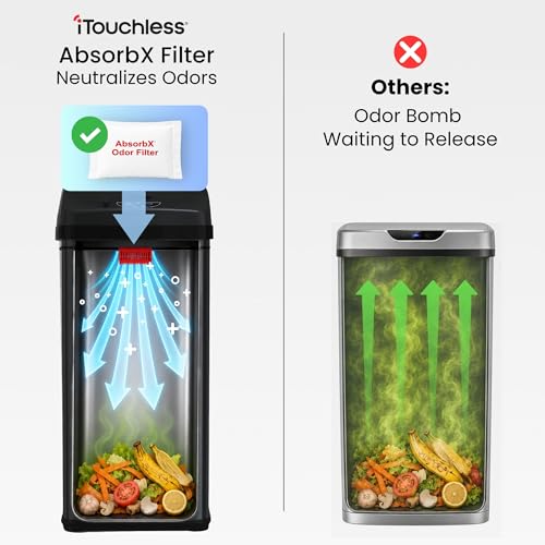 Image of iTouchless 13 Gallon Sensor Trash Can with Lid | Pet Lock and Odor Filter | Patented 50L Auto Motion Sensor Kitchen Garbage Can | Fingerprint-Proof Luxury Stainless Steel Rectangular Wastebasket, Black