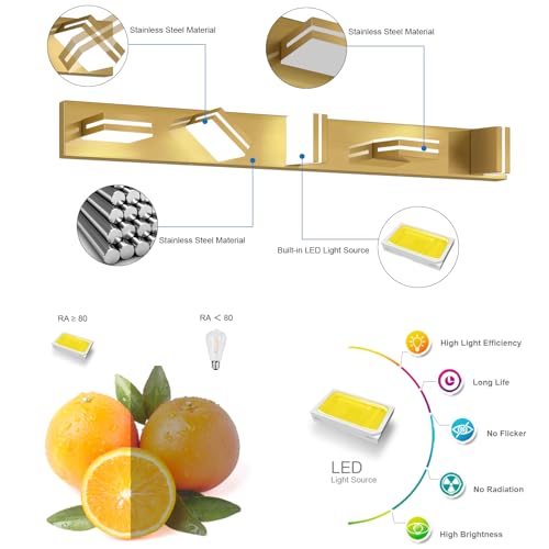 SineRise LED Modern Bathroom Vanity Light Fixtures (5-Light, 40-Inch), Brass Modern Acrylic Bathroom Wall Lighting Fixtures Over Mirror (Cool White 6000K)