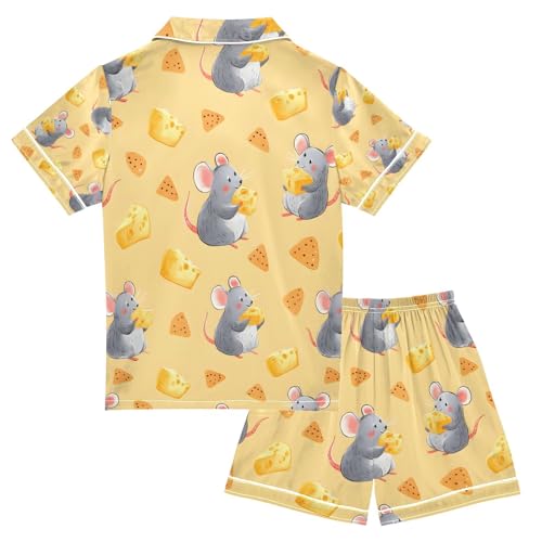 senya Mouse Eat Cheese Satin Summer Pajama Sets Silk Short Sleeve Button Down Sleepwear2