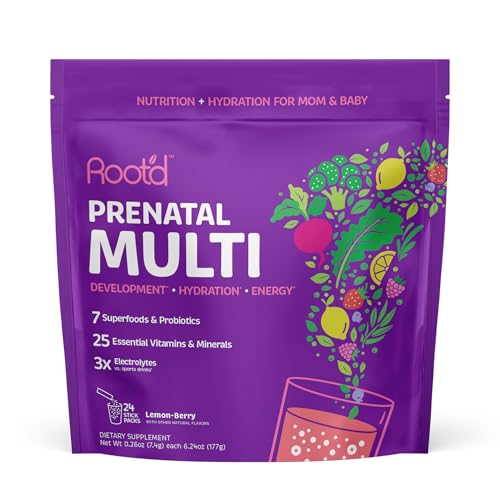 Root'd Prenatal Multivitamin Powder - 25 Vitamins & Minerals with 3X Electrolytes, Folate, Iron, D3 for Mom & Baby, 7 Superfoods & Probiotics, Sugar-Free Vitamins & Hydration | 24 Packets