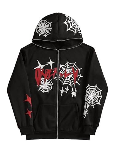 GORGLITTER Men's Graphic Zip Up Hoodie Long Sleeve Oversized Drop Shoulder Hooded Sweatshirt