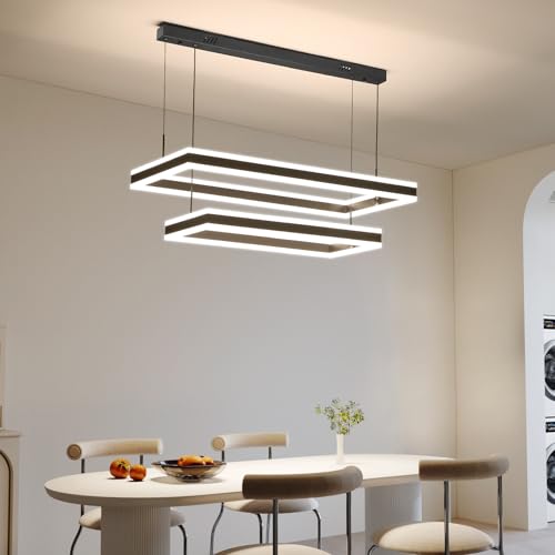 Modern LED Chandelier, Black Pendant Light for Kitchen Island, Adjustable 2 Ring Rectangle Ceiling Lighting Fixture, Dimmable Minimalist Over Table Hanging Lamp for Living Dining Room, Entryway