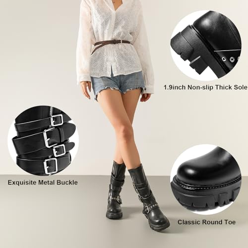 Women's Mid Calf Buckle Combat Boots Low Chunky Heel Motorcycle Riding Biker Boots3
