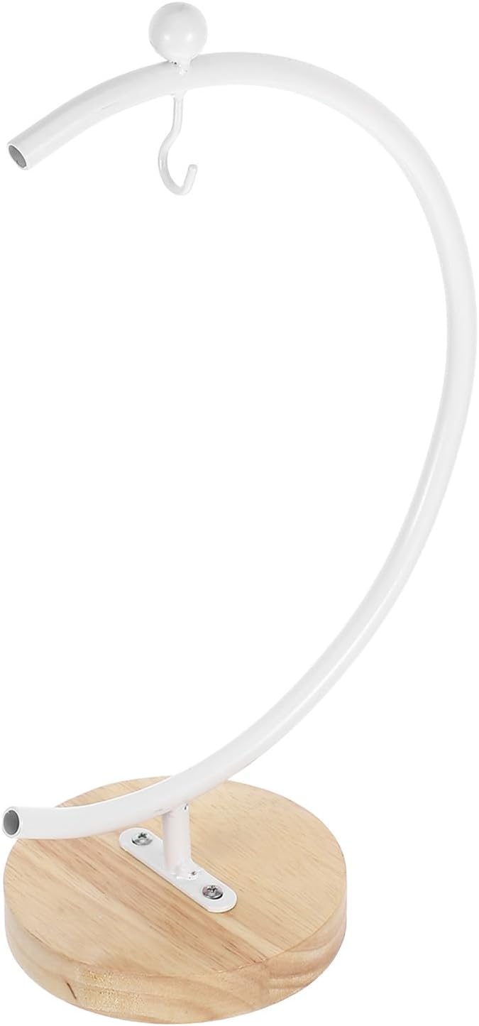 Ornament Display Stand Hanging Terrarium Holder Metal Curved Hook Rack with White Wooden Base for 12-20cm Glass Globe Vase Home Decor